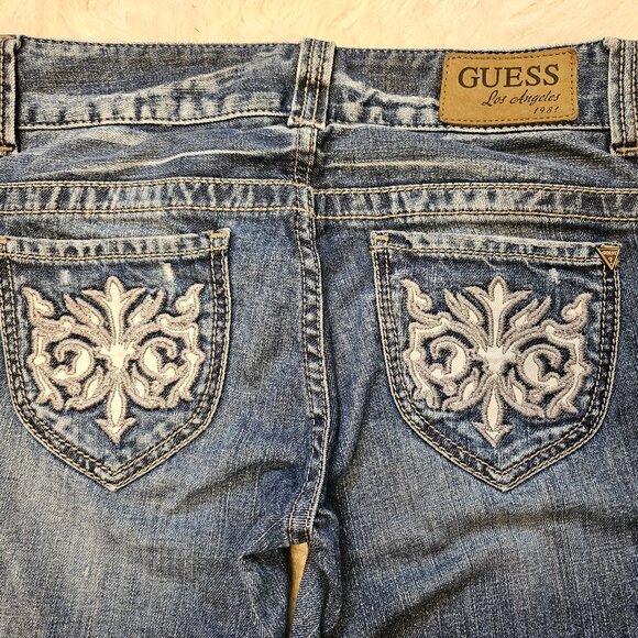 Guess Women's Blue Daredevil Boot Cut Stretch Distressed Embroidery Jeans 26 - Picture 13 of 13